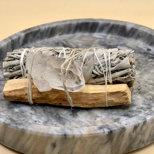 Palo Santo Wood Incense + White Sage Smudge +  Crystal Stone Point