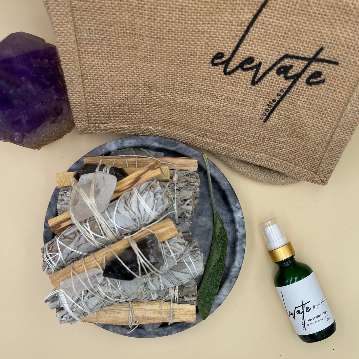 Palo Santo Wood Incense + White Sage Smudge +  Crystal Stone Point